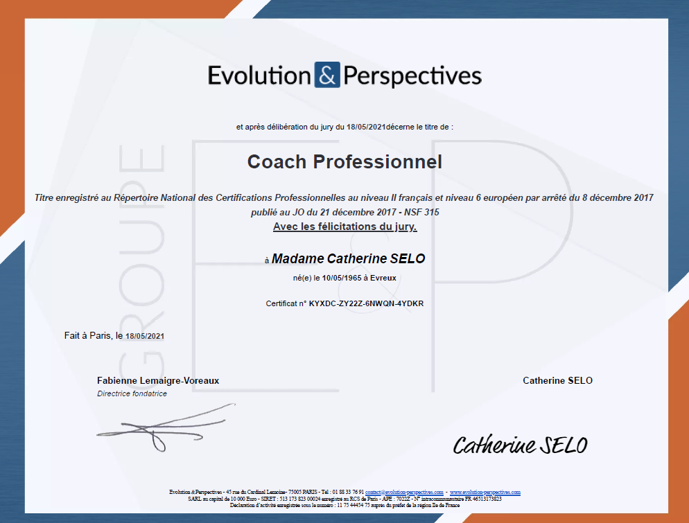 Certification Coach professionnel Catherine Selo